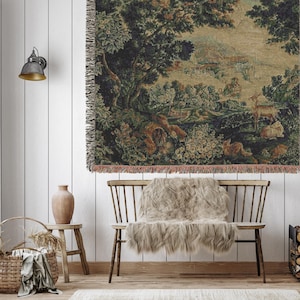 Verdure Tapestry Woven Blanket, Woodland Animals Scene, Cotton Throw image 3