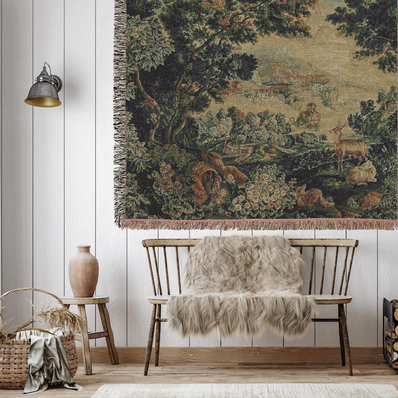 Verdure Tapestry Woven Blanket, Woodland Animals Scene, Cotton Throw image 3