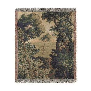 French Verdure Tapestry Blanket: Woven Cotton Antique Landscape Art 60" × 50"