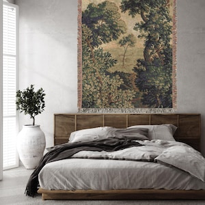 French Verdure Tapestry Blanket: Woven Cotton Antique Landscape Art image 2