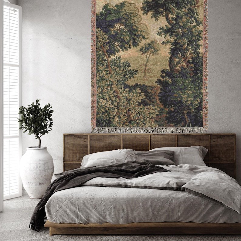French Verdure Tapestry Blanket: Woven Cotton Antique Landscape Art image 2