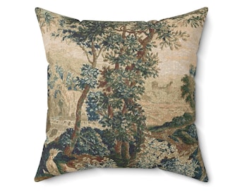 French Tapestry Woven Pillow: Verdure Landscape, Vintage Style Cushion (17x18)
