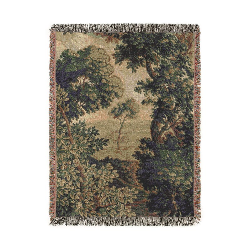 French Verdure Tapestry Blanket: Woven Cotton Antique Landscape Art 80" × 60"