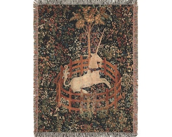 Mittelalterliche Decke mit Einhorn-Motiv: Wandbehang aus gewebter Baumwolle