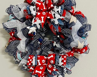 Patriotic pet lover wreath, red, white, and blue, paws, bones, glittered stars, Front Door wreath, Dog Parent Wreath