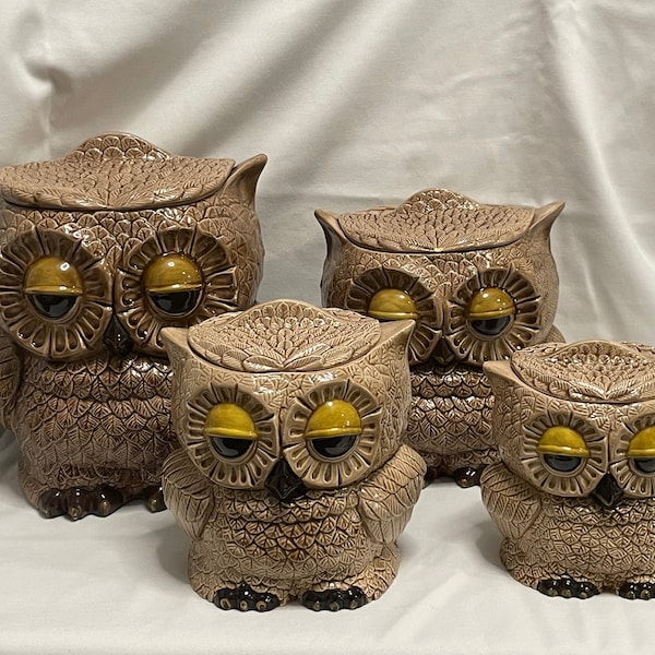 Vintage 1970's Sittre Ceramics Dual Sided Owl 4 Piece Kitchen Canister Set