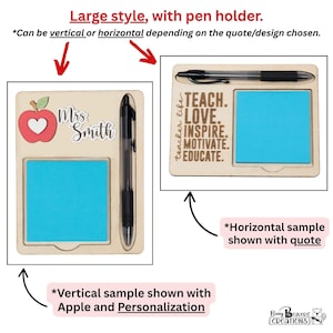 May include: A wooden desk organizer with a pen holder, a sticky note pad, and a personalized inscription. The inscription reads "Mrs. Smith" and features a red apple with a heart. The organizer can be displayed vertically or horizontally.