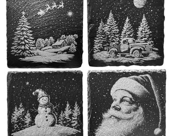 May include: Set of four black slate coasters with a winter holiday theme. Each coaster features a different design: a snowy landscape with a cabin, a truck driving through a snowy forest, a snowman standing in a snowy forest, and a close-up of Santa Claus's face.