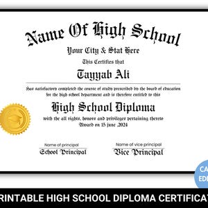 Printable High School Diploma Template, Home School Diploma, High School Diploma, Diploma Replica Template, Instant Download