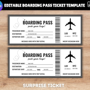 Bearbeitbares Bordkartenticket, druckbares Flugticket, personalisiertes Geschenkticket, Überraschungsreiseticketvorlage, digitaler Download