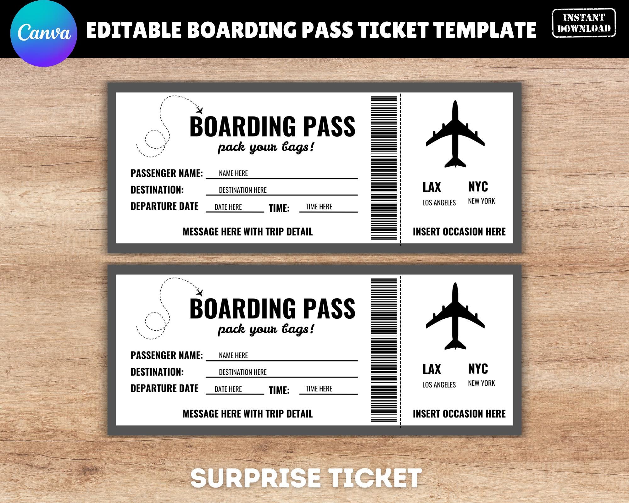 Editable Boarding Pass Ticket: Surprise Trip Gift (digital