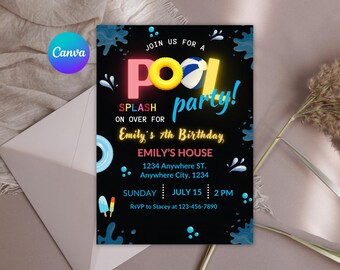 Editable Pool Party Birthday Invitation: Black Neon Design (Canva, Instant Download)