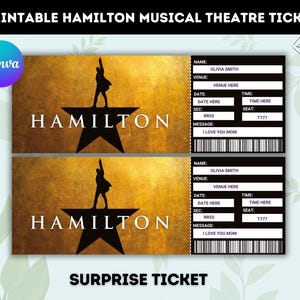 Mihamilton Musical Theaterkarte, gedruckte Musselinglasur, Theater-Eintrittskarte, personalisiertes Geschenk offenbaren, Souvenir Andenken, sofortiger Download