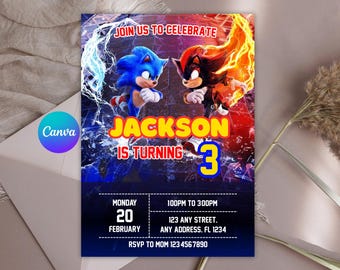 Sonic Birthday Invitation Template: Funny Cartoon Design (Digital Download, Canva Template)