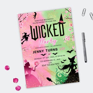 May include: A party invitation with a pink and green watercolour background. The invitation reads "WICKED Party" with the text "Jenny Turns 10!" and event details. Silhouettes of witches, bats, and flowers decorate the invitation.