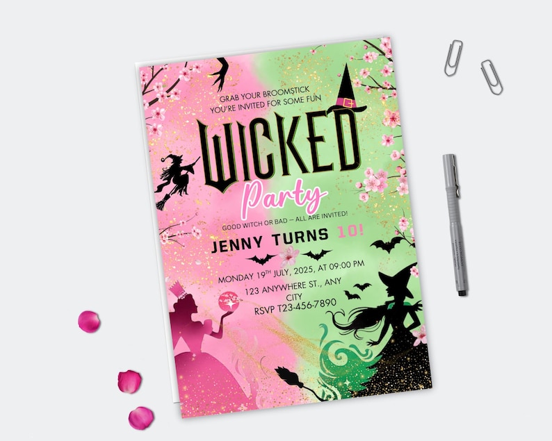 May include: A party invitation with a pink and green watercolour background. The invitation reads "WICKED Party" with the text "Jenny Turns 10!" and event details. Silhouettes of witches, bats, and flowers decorate the invitation.