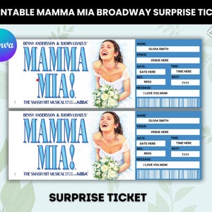 Bearbeitbare Mamma Mia Broadway Surprise Ticket, Mamma Mia Musical Ticket, Theaterkarte, druckbare Karte, Geburtstagsgeschenk, Sofort Download