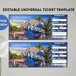 May include: Editable Universal Ticket Template featuring a blue globe graphic and the text "You're Going To Universal". The ticket includes a boarding pass with fields for name, destination, date, time, and a special message. The message reads "Happy Birthday Mom".