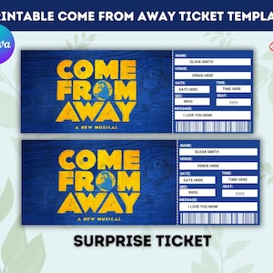 Bearbeitbar Come From Away Broadway Surprise Ticket, Gefälschte Konzertkartenvorlage, Theaterkarte, Sofort-Download, Geburtstagsgeschenkkarte Pdf