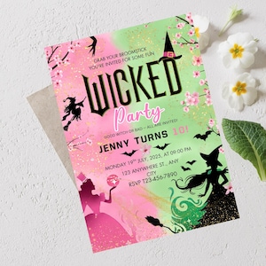May include: A party invitation with a green and pink gradient background. The invitation reads "WICKED Party" with witch-themed graphics. The text includes the party details: Jenny turns 10, date, time, and RSVP information.