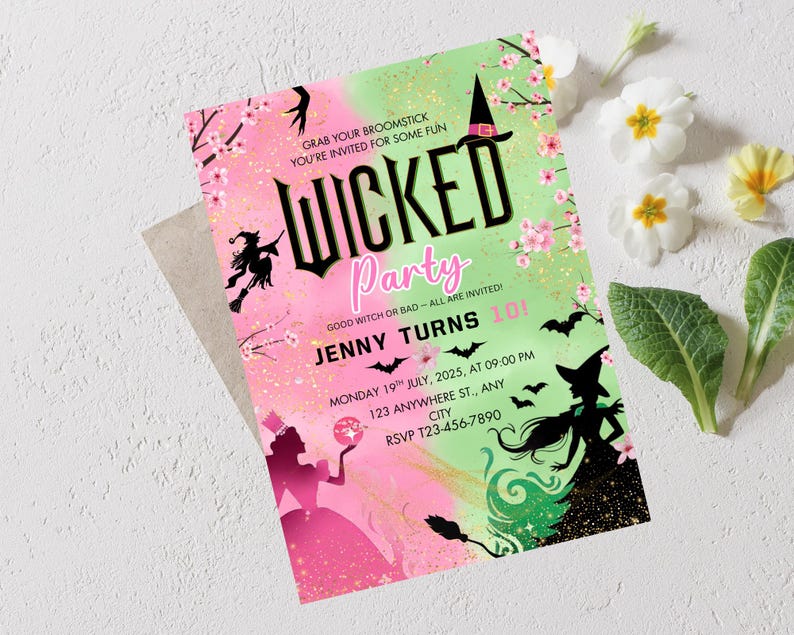 May include: A party invitation with a green and pink gradient background. The invitation reads "WICKED Party" with witch-themed graphics. The text includes the party details: Jenny turns 10, date, time, and RSVP information.