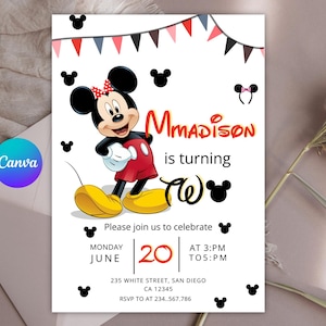 Editable Mickey Mouse Birthday Invitation: Canva Template (Digital Download 5x7&quot; PDF or JPEG)