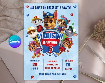 Puppy Patrol Birthday Invitation: Editable Canva Template (Digital Download 5x7&quot; PDF/JPEG)