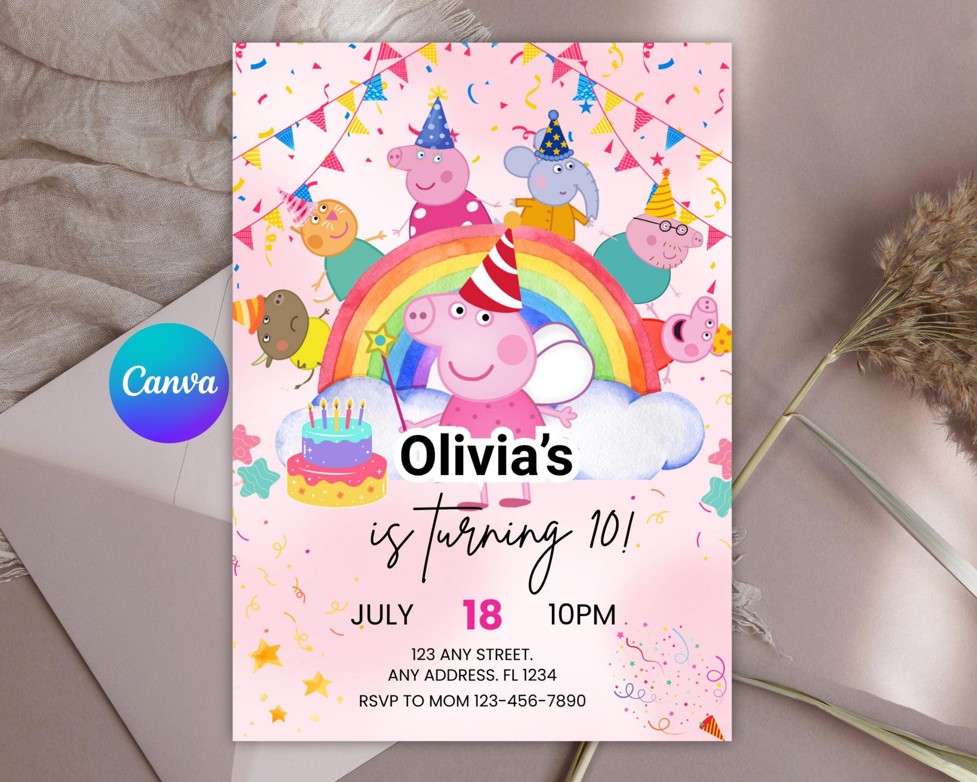 Editable Peppa Pig Birthday Invitation Template, Fairy Bday Party Theme, Girl Pig Party Invite, Cute Girls Bday Invite, Digital Download