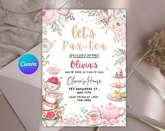 Editable Tea Party Birthday Invitation, Tea Party Invitation, Par-Tea Birthday Invitation, Pink Gold Whimsical Tea Party, Instant Download