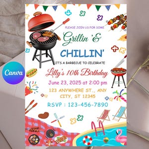 Invitation d'anniversaire modifiable à la piscine et barbecue, invitation à une fête d'été à la piscine, soirée grillades et détente, pool party, modèle de toile, téléchargement immédiat
