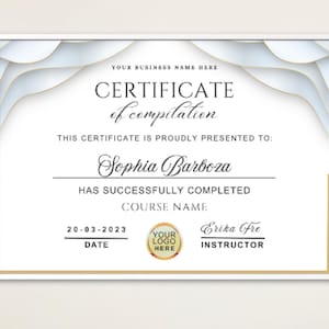 Op de afbeelding: Een wit certificaat van compilatie met een gouden rand, uitgereikt aan Sophia Barboza voor het succesvol afronden van een cursus. De datum is 20-03-2023 en de instructeur is Erika Ofre. Het certificaat heeft een plek voor een logo.