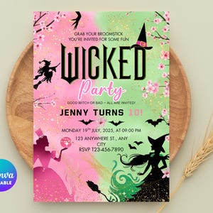 May include: A digitally designed invitation with a "Wicked Party" theme. The invitation features a pink and green background with witch silhouettes, bats, and floral accents. The text includes party details and the phrase "Good Witch or Bad - All Are Invited!"