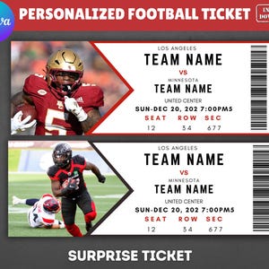 Custom Football Game Ticket Template, Football Ticket, Personalized Football Ticket, Football Team, Birthday Surprise, Canva Ticket Template