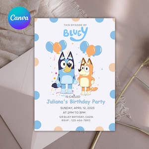 Invito di compleanno Bluey modificabile, invito di compleanno, invito per festeggiata, invito per festa di compleanno Bluey, modello Canva, download immediato