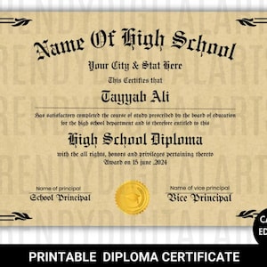 Printable High School Diploma Template: Customizable Replica (Digital Download)