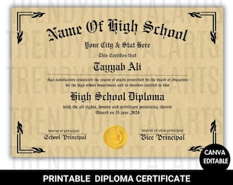 Plantilla imprimible para diploma de bachillerato: réplica personalizable (descarga digital)