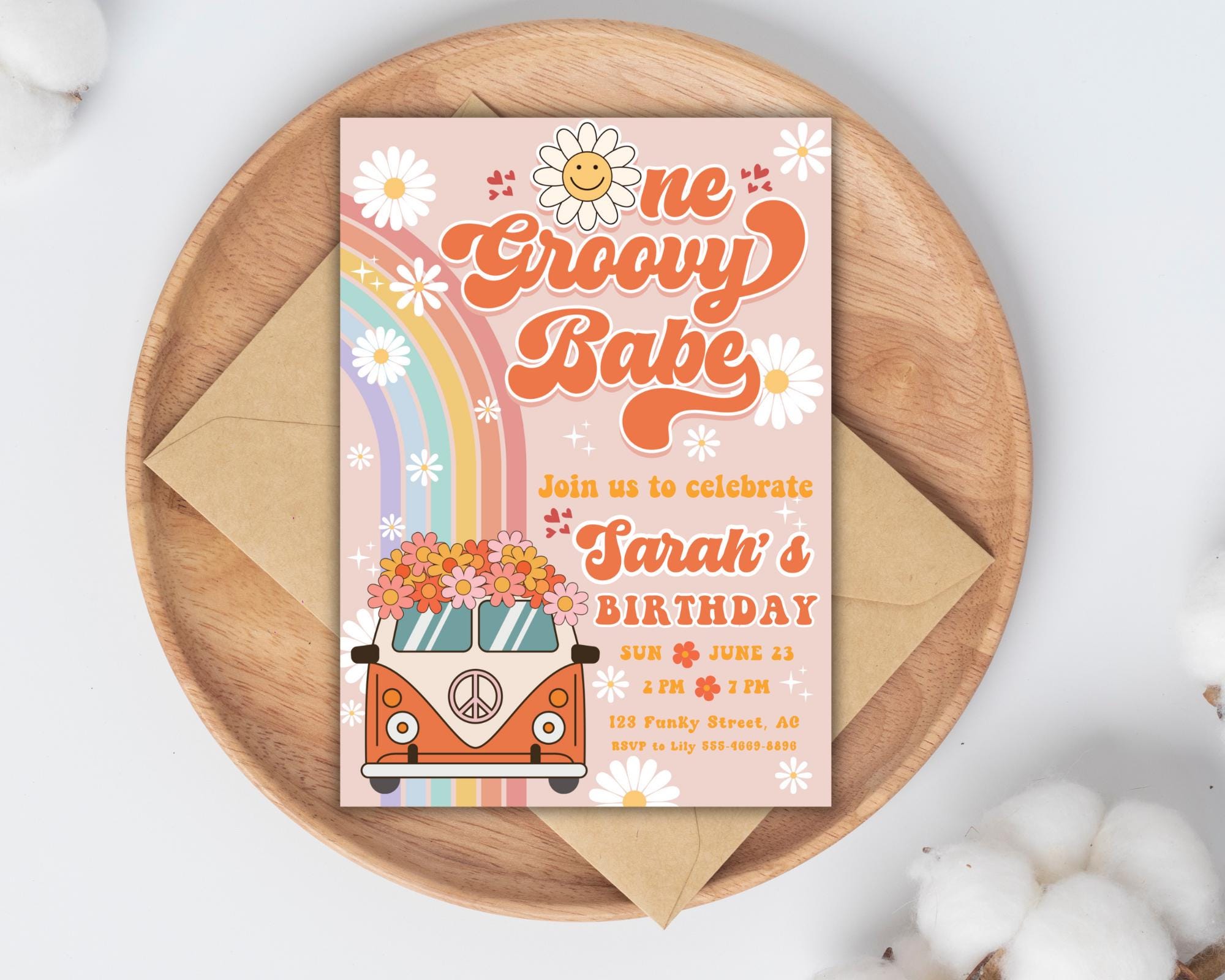 Editable Groovy One Birthday Invitation: Daisy Rainbow Template