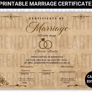 Editable Marriage Certificate Template: Modern Design (Digital Download)