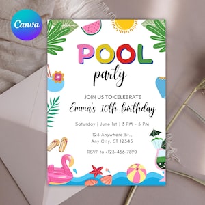 Bearbeitbare Pool-Party-Geburtstagseinladung: Sommer-Thema (Canva-Vorlage)