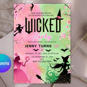 May include: A vibrant party invitation with a pink and green gradient background. The design features the words "WICKED Party" and silhouettes of witches and bats. The invitation includes the text "Jenny Turns 10!" and event details.