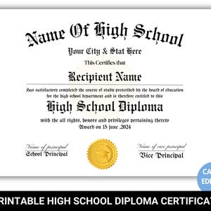 Printable High School Diploma Template, Home School Diploma, High School Diploma, Diploma Replica Template, Instant Download