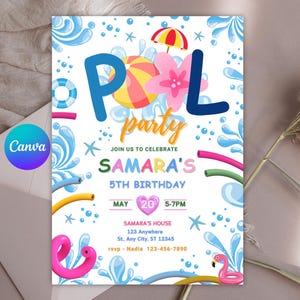 Bearbeitbare Pool-Party-Einladung: Sommergeburtstag, jedes Alter (Digitaler Download, Canva-Vorlage)