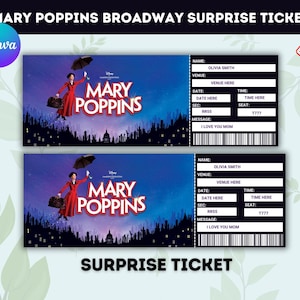 Canva bearbeitbare Mary Poppins Musical Theater Ticket-Vorlage, Überraschungskarte, Geburtstagsgeschenk, personalisierte Geschenkenthüllung, sofortiger Download