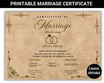 Druckbare moderne Heiratsurkunde, bearbeitbare Heiratsurkunde Vorlage, Canva bearbeitbar, Zertifikatvorlage, digitaler Download