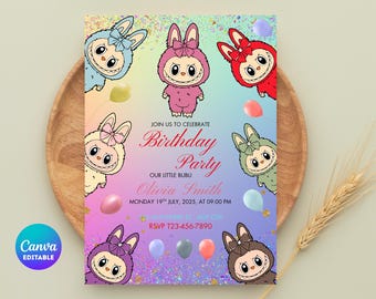 Labubu Birthday Party Invitation: Canva Editable, Instant Download