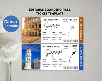 Modèle de billet modifiable avec une carte d'embarquement pour un voyage surprise (téléchargement numérique)