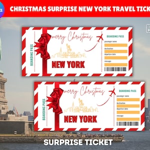 Mall för julöverraskning i New York-resebiljett, utskrivbart överraskningsboardingkort, presentavslöjningsbiljett, julklapp, direktnedladdning