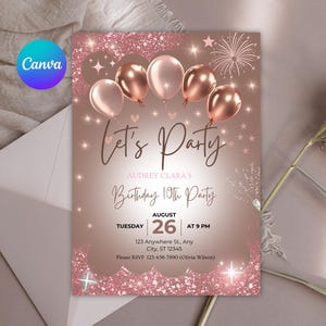 Sjabloon voor bewerkbare roségouden verjaardagsuitnodiging, Let's Party roségouden verjaardagsuitnodiging, afdrukbare uitnodiging, verjaardagsfeestje, canvassjabloon