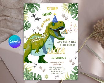 Op de afbeelding: Een verjaardagsuitnodiging met een groene dinosaurus met een feesthoedje. De tekst "THREE-REX" en "LUKA IS TURNING 6" zijn opgenomen. Tropische bladeren en confetti sieren de uitnodiging.
