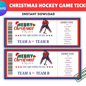 May include: Two Christmas hockey game tickets with red, white, and blue borders. Each ticket features a hockey player graphic, the text "Merry Christmas," and "Team A vs Team B." The tickets are for Olivia Smith.